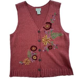VINTAGE SIGRID OLSEN Sport Knit Sweater Vest Embroidered Ramie Cotton Wool SZ M